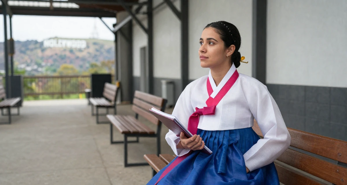 A compassionate Female From Brazil, studied architecture and urban planning in their 23, learning how to say “no” to requests outside comfort, wearing a traditional hanbok modified for a modern look, holding a notebook in a industrial loft.