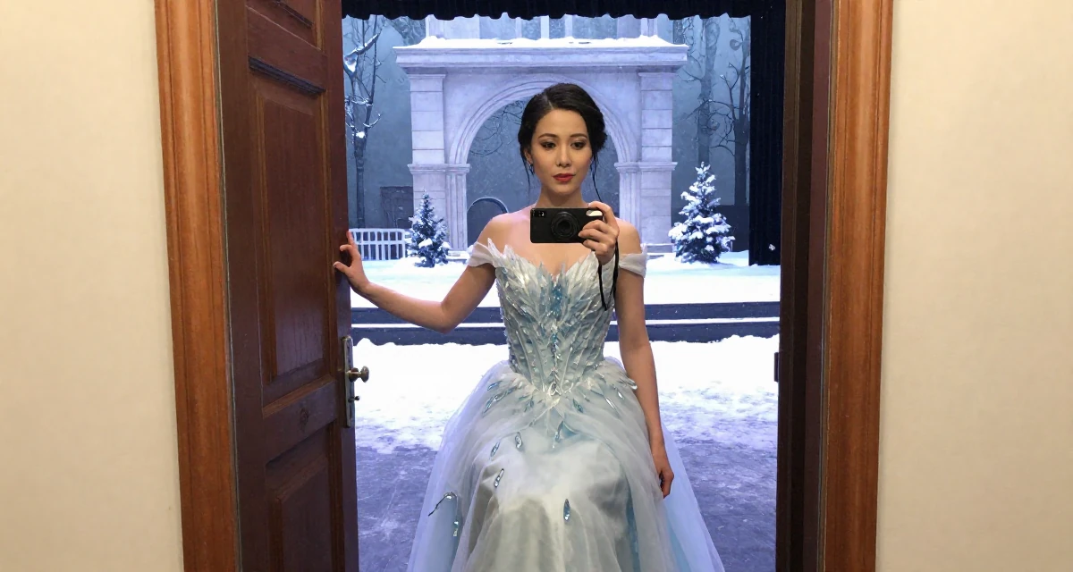 A aloof Female Former sales rep, now leveraging charisma for digital storytelling in their 30, standing tall with unshakeable dignity, wearing a snow queen gown with ice crystal details, opening a door in a theater stage.