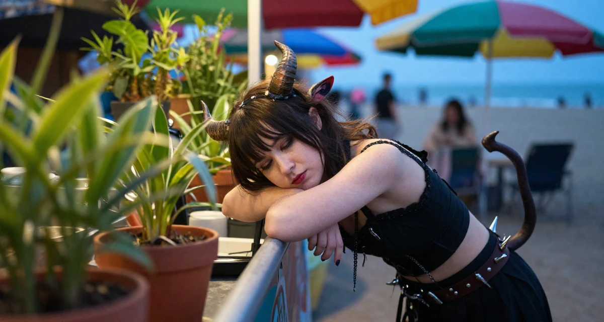 A sleepy Female From Scotland, studied game design in their 24, exploring side hustles to supplement income, wearing a demon girl outfit with horns and a spiked tail, holding a railing in a night market stall.