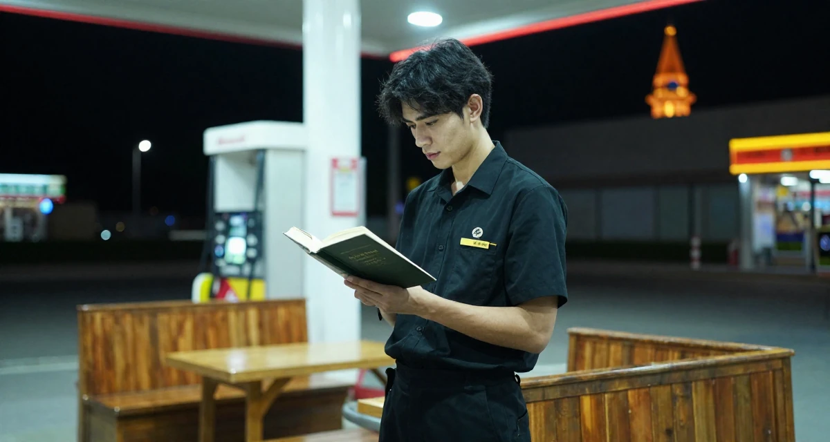 A grounded male Former hotel housekeeper, now offering intimate behind-the-scenes content in their 22, adapting to the shift from school to full-time work, wearing a monochromatic black outfit, reading a book intently in a gas station at night.