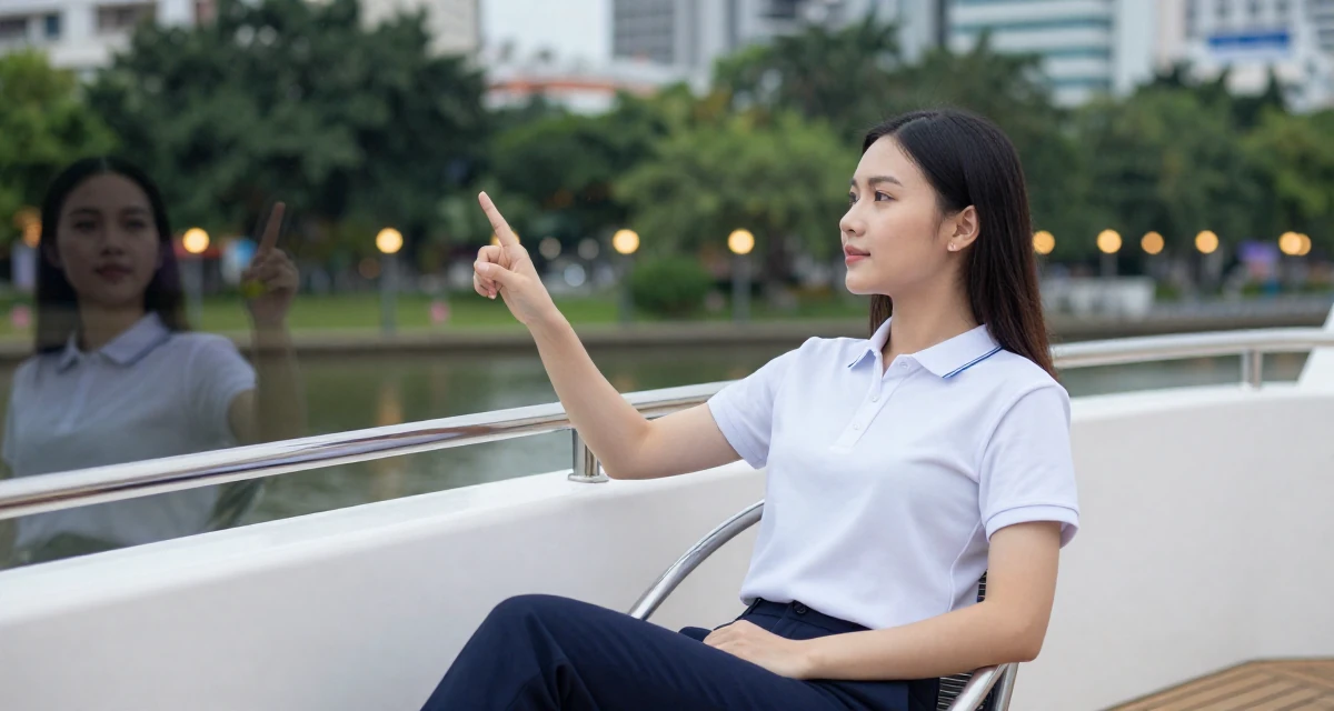 A dreamy Female From Ho Chi Minh City Vietnam, studied creative media and personal branding in their 22, missing the freedom of student days, wearing a smart polo shirt and slacks, checking a reflection in a window in a yacht deck.