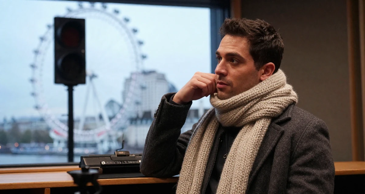 A alluring male Once a financial analyst, now creating emotionally raw premium content in their 41, focusing on financial independence and investing, wearing a heavy knit scarf and coat, waiting for a light to change in a recording booth.