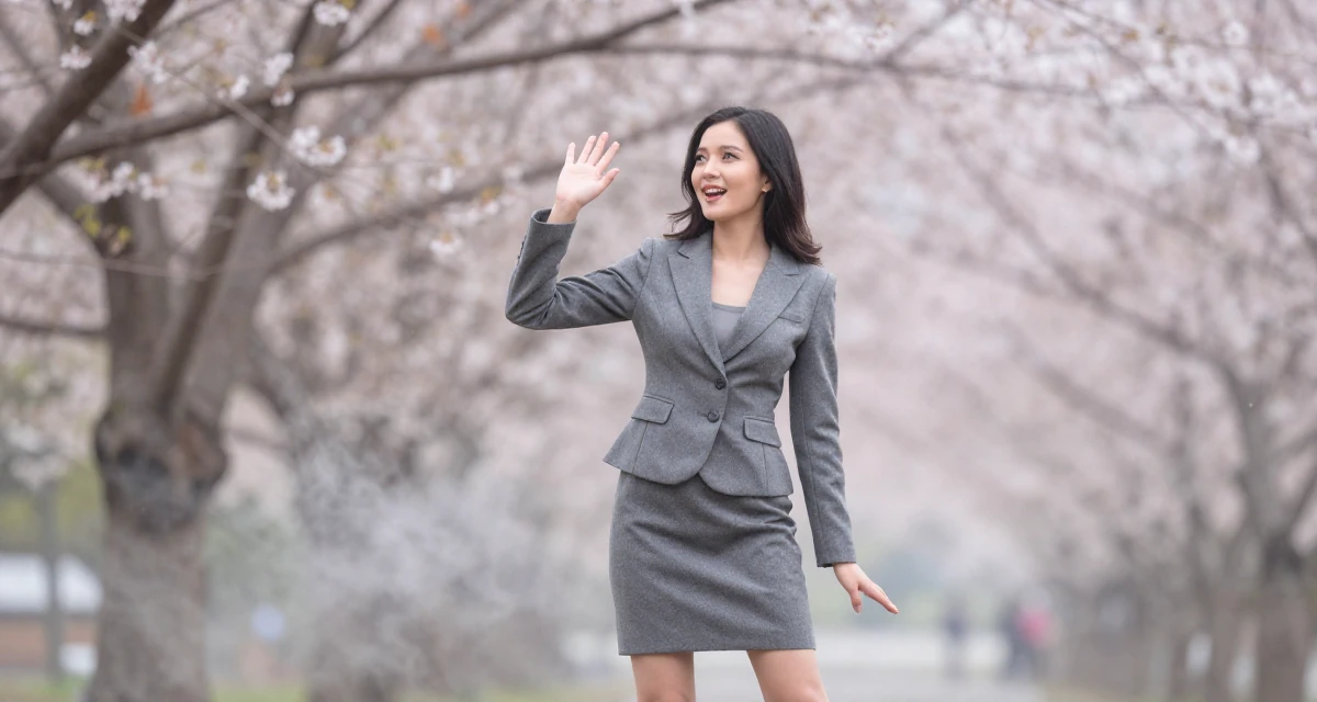 A playful Female From Chiang Mai Thailand, majored in creative writing in their 25, discovering passions through extracurricular activities, wearing a grey wool skirt suit with a fitted jacket, waving to someone in a lecture hall.