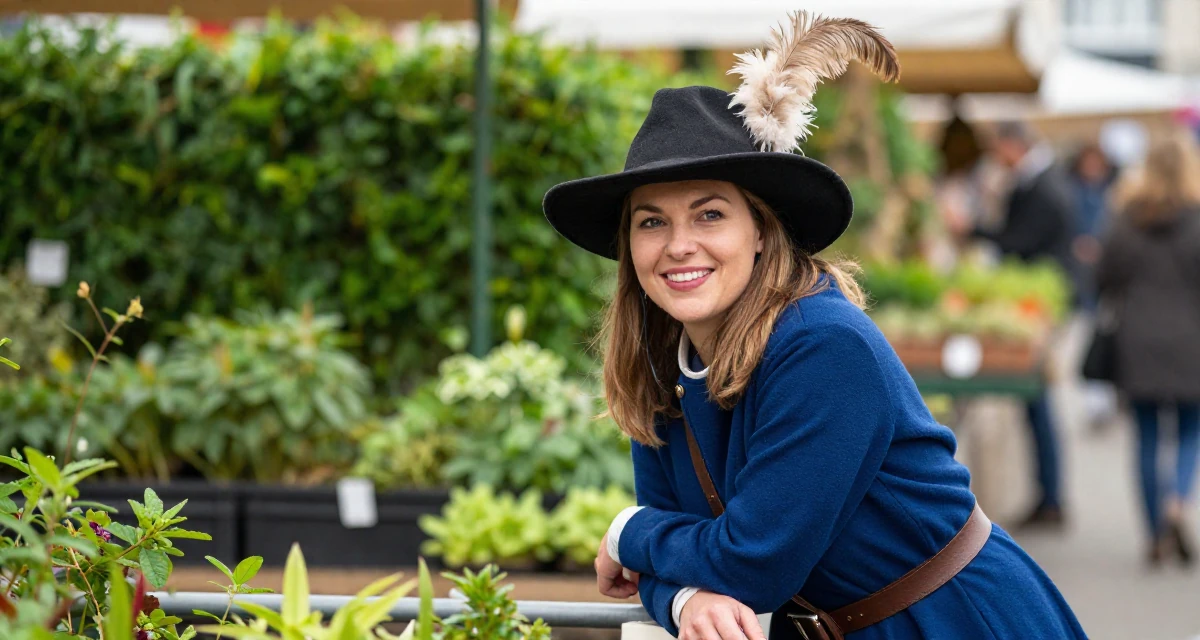 A delighted Female From Poland, studied biotechnology in their 38, investing in real estate and passive income, wearing a royal musketeer tunic with a feathered hat, holding a railing in a bustling market.