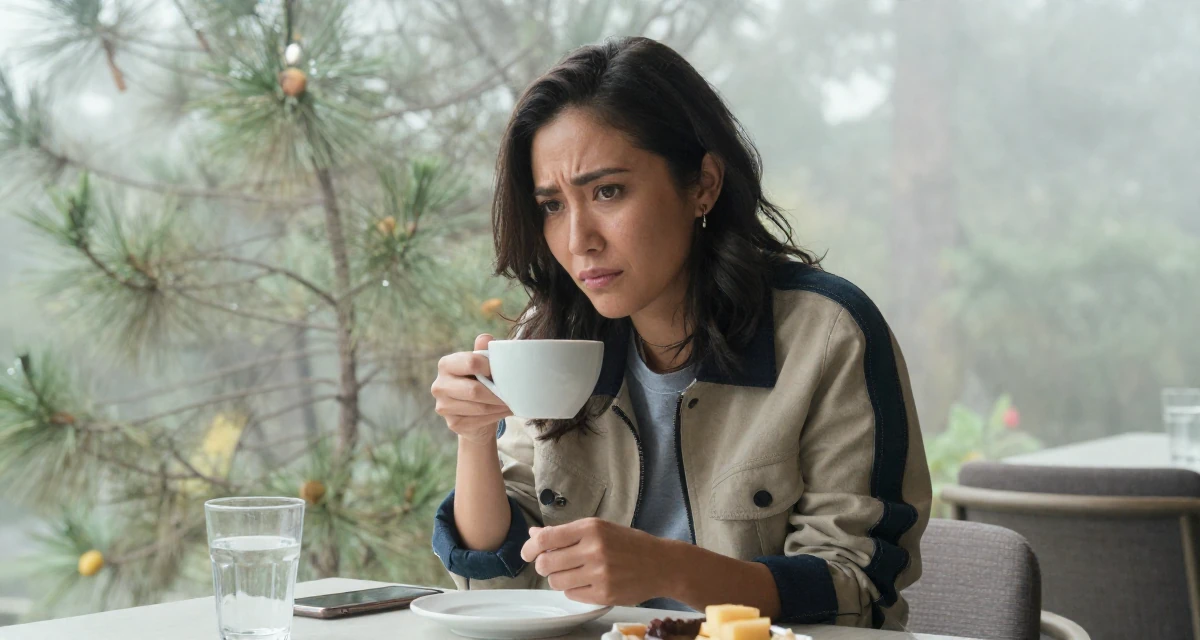 A stressed Female From Manila Philippines, learned stage presence from bar performance work in their 35, at the peak of creative energy and output, wearing a structured jacket with casual tee, holding a coffee cup with both hands in a breakfast nook.