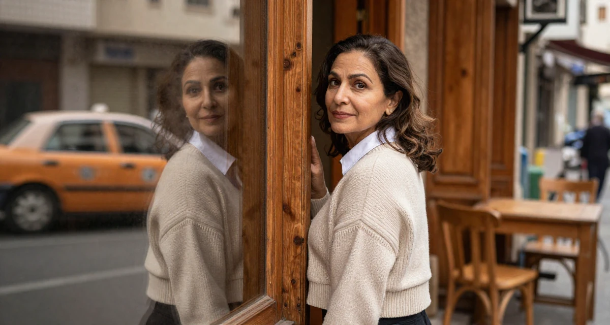 A content Female Grew up in Saudi Arabia, studied visual merchandising in their 34, focusing on skincare and graceful aging, wearing a cropped sweater over a collared shirt, glancing over the shoulder in a urban street.