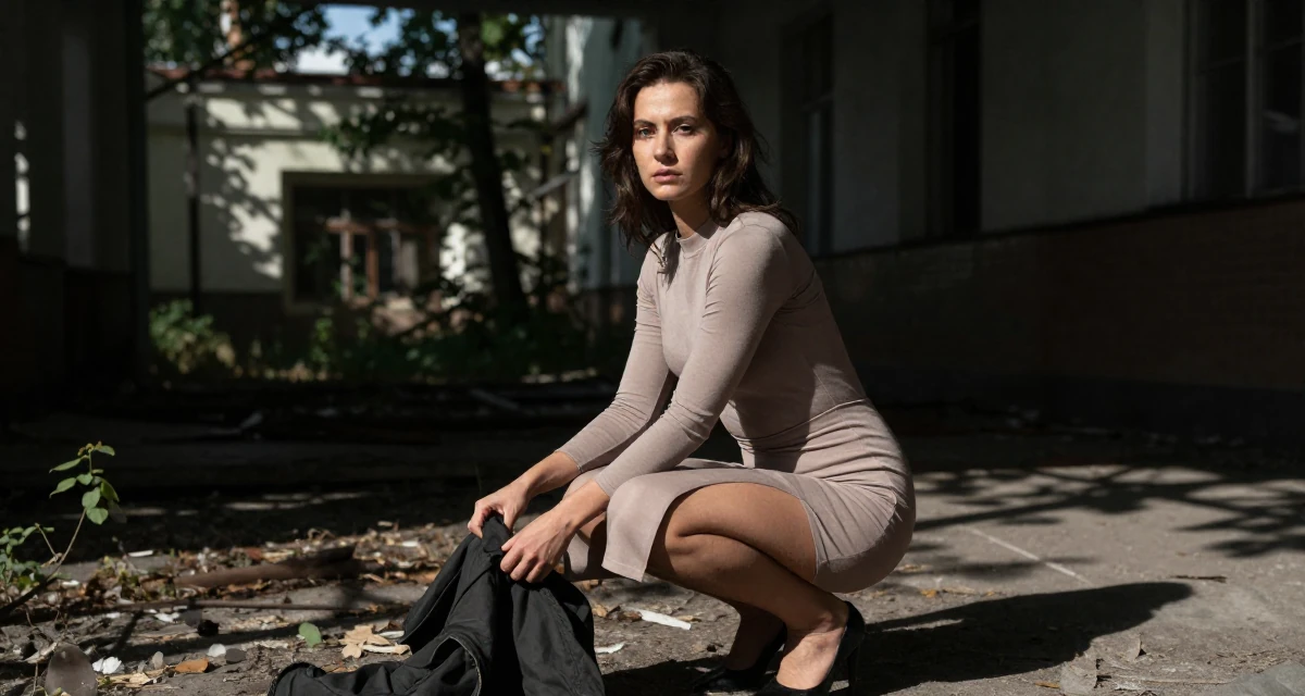 A proud and dignified Female From Saint Petersburg Russia, studied fine arts in their 28, leading a small team for the first time, wearing a tight long-sleeve bodysuit and a slit midi skirt, putting on a jacket in a abandoned hospital.