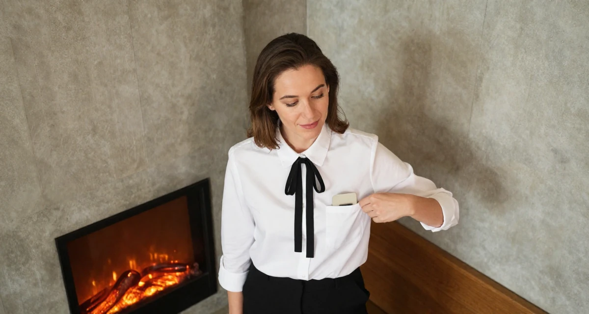 A flirty Female From Hamburg Germany, learned studio lighting from fashion workshops in their 25, evaluating whether to rebrand for better growth, wearing a white shirt with a black ribbon tie, looking for something in a pocket in a coffee shop corner.