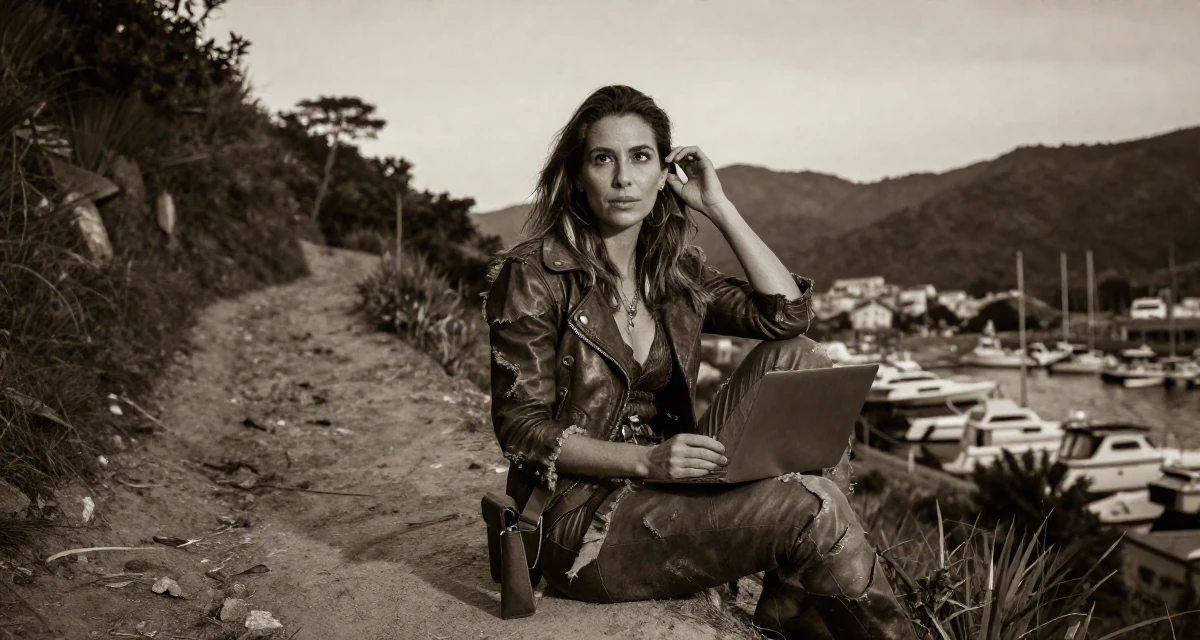 A proud and dignified Female From Brazil, studied architecture and urban planning in their 30, weighing long-term health against constant digital hustle, wearing a post-apocalyptic scavenger outfit with distressed leather, tucking hair behind an ear in a mountain trail.
