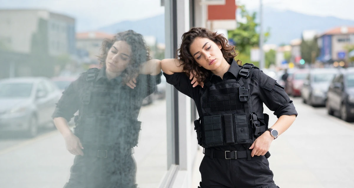 A zoned out Female Raised in Turkey, studied media relations and advertising in their 22, adjusting to the exhaustion of a 9-to-5 routine, wearing a special forces tactical suit in matte black, checking a reflection in a window in a city sidewalk.