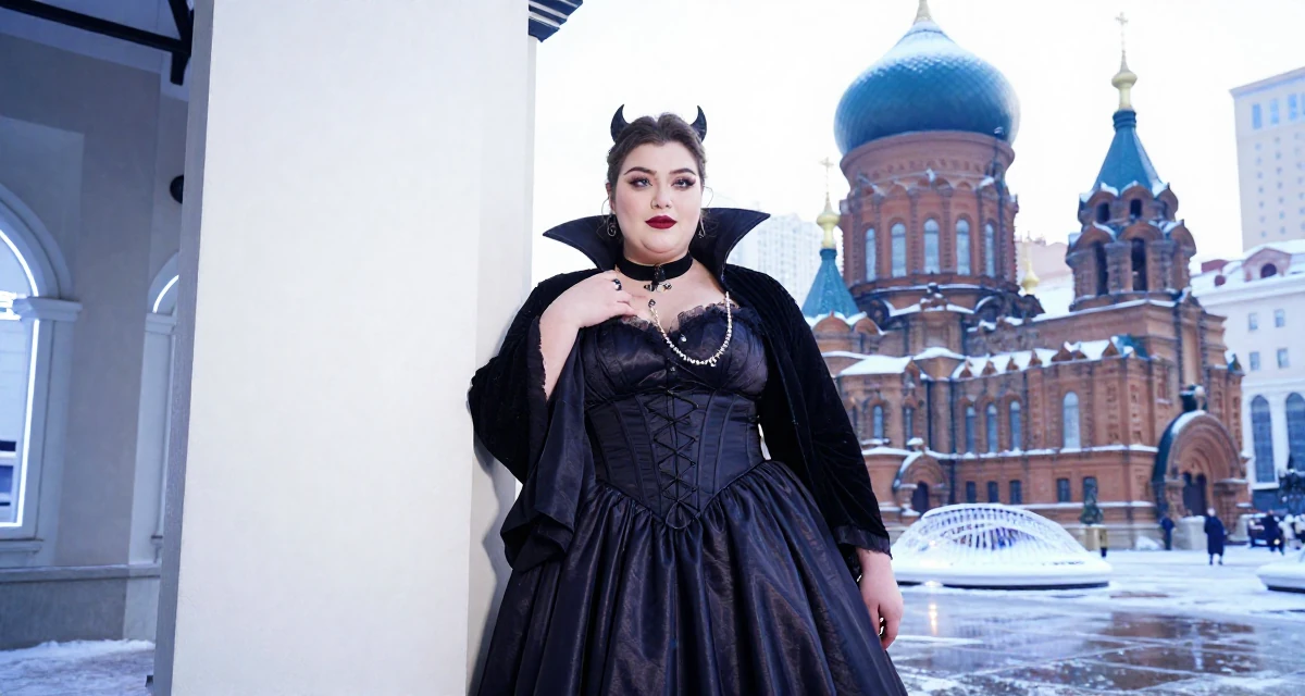 A coy Female Once a logistics coordinator, now creating body-positivity material in their 30, prioritizing quality over quantity in friendships, wearing a vampire queen gown with a high collar and corset, touching a necklace in a photo studio.