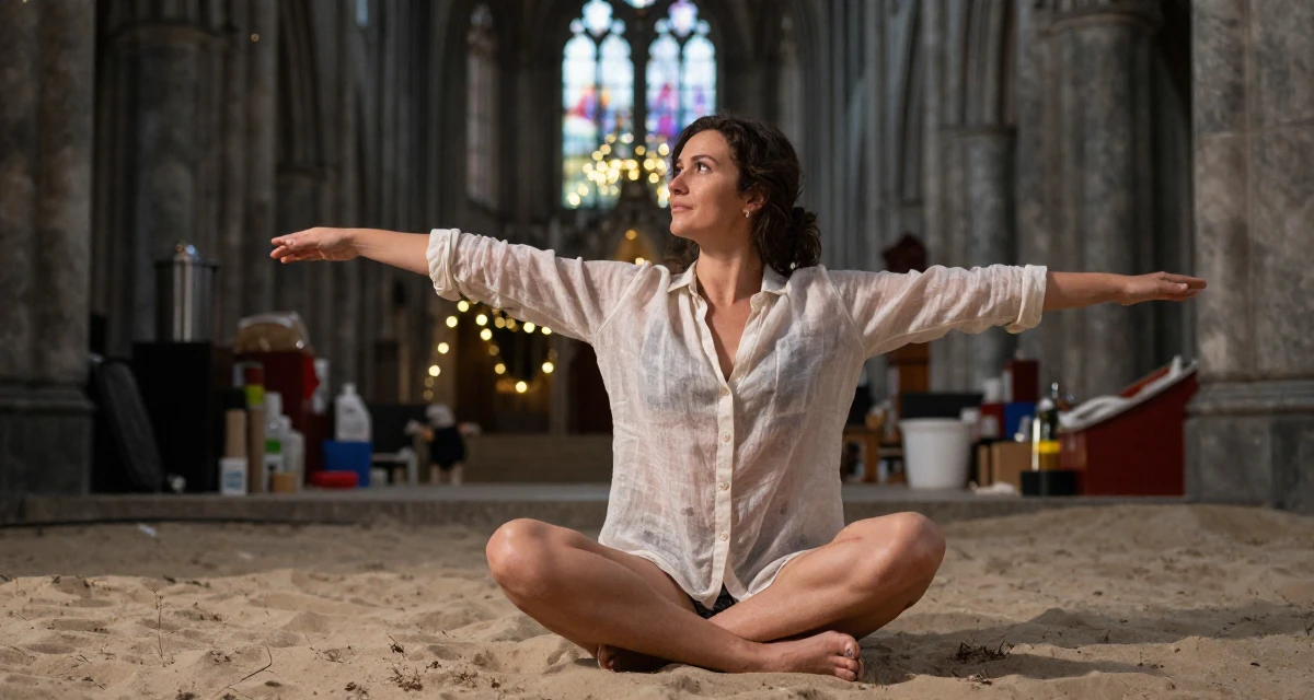 A soulful Female From Bergen Norway, studied business economics in their 40, managing a family business with dedication, wearing a translucent linen shirt worn over a swimsuit, stretching arms in a gothic cathedral interior.