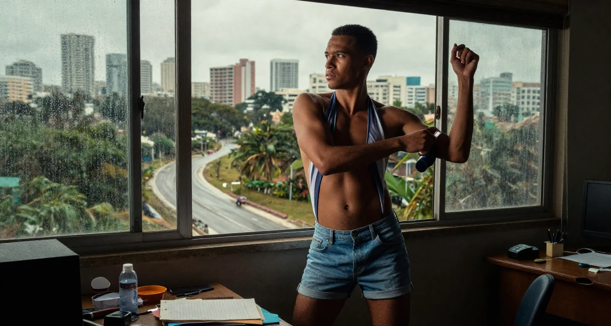 A confused male From Mombasa Kenya, practiced swimwear aesthetics in coastal campaigns in their 23, staring pensively out a rain-streaked window, wearing a backless halter top and denim shorts, adjusting sleeves in a messy desk.