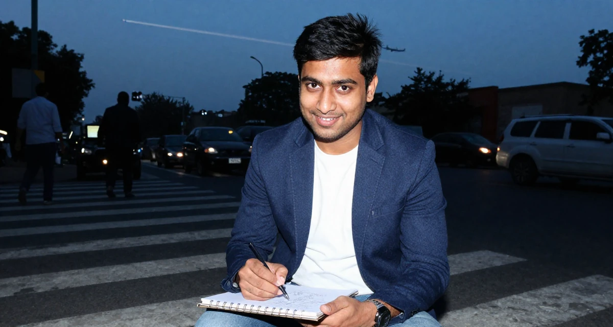 A relaxed and happy male From India, studied biotechnology in their 29, trying to plan a future with unpredictable income, wearing a smart casual blazer ensemble, sketching on a pad in a busy crosswalk.