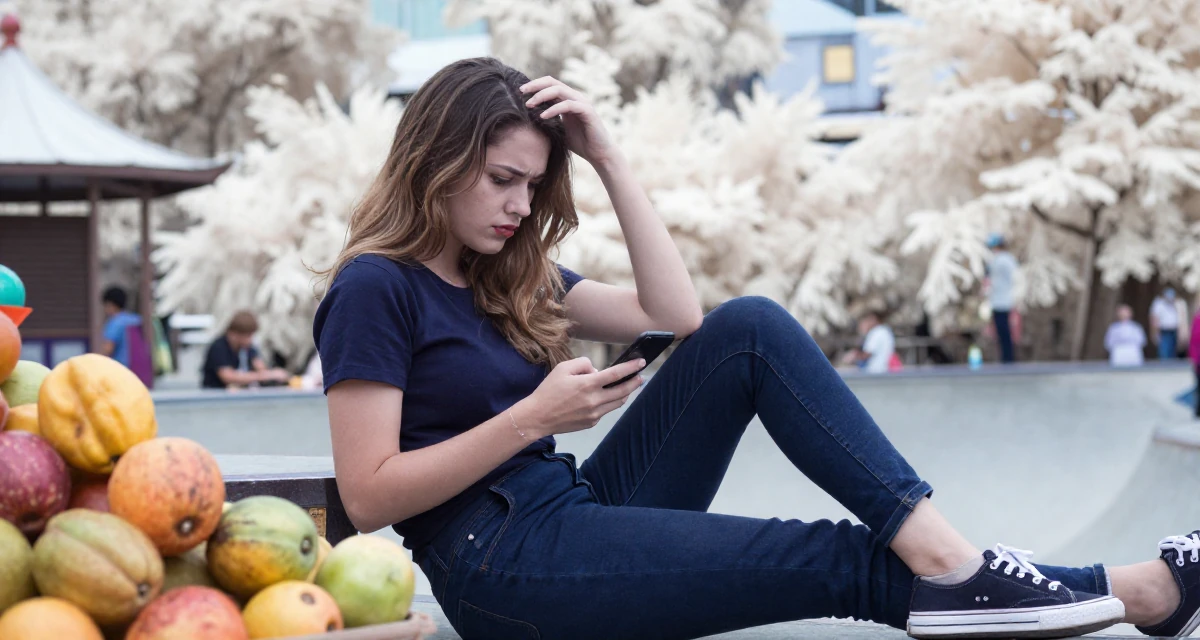 A sensual Female From Indonesia, based in Surabaya, graduated from a creative academy majoring in multimedia arts in their 25, worrying about being judged by classmates, wearing a classic navy blue ensemble, checking a phone in a skate park.