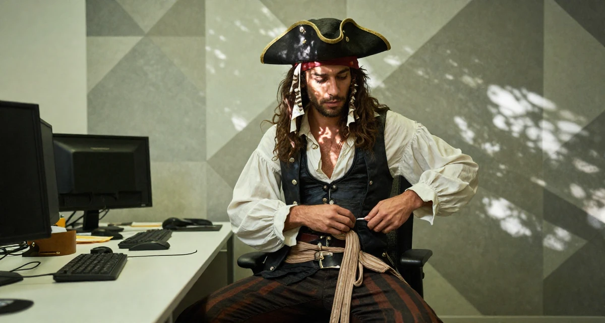 A romantic male From Spain, based in Barcelona, graduated from a fashion institute majoring in body styling in their 25, deciding to start a business or bold project, wearing a pirate captain outfit with a corset and tricorn hat, reaching for a pocket in a office break room.