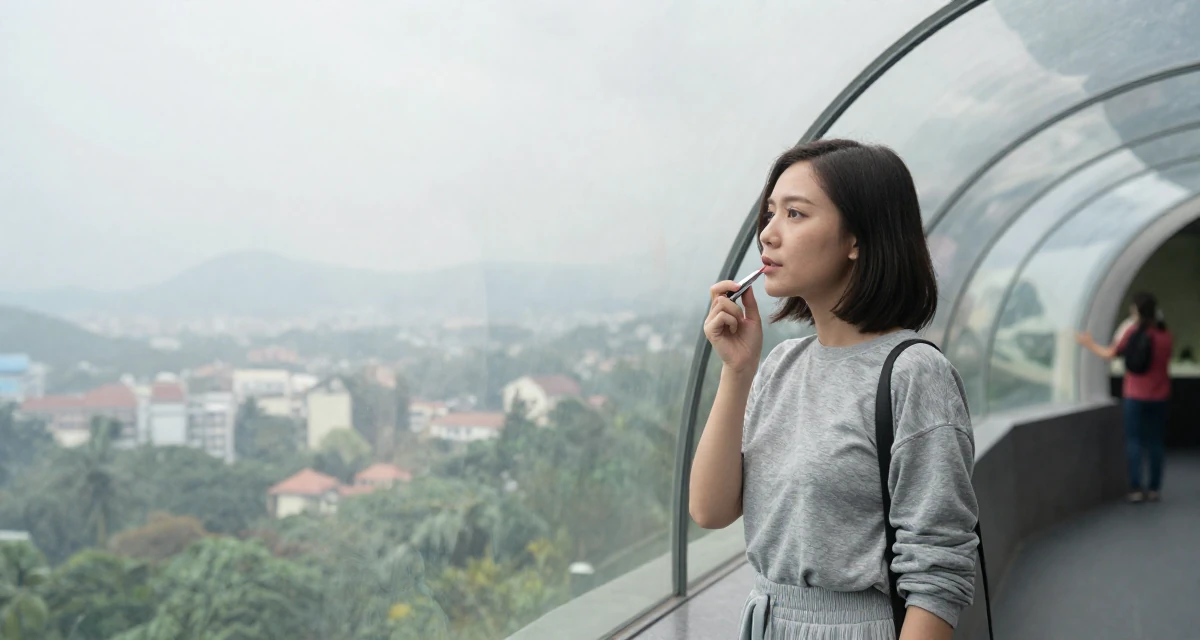 A aloof Female From Vietnam, based in Da Nang, graduated from a local university majoring in e-commerce in their 20, experimenting with a bold new personal style, wearing a grey tones casual wear, applying lipstick in a aquarium tunnel.
