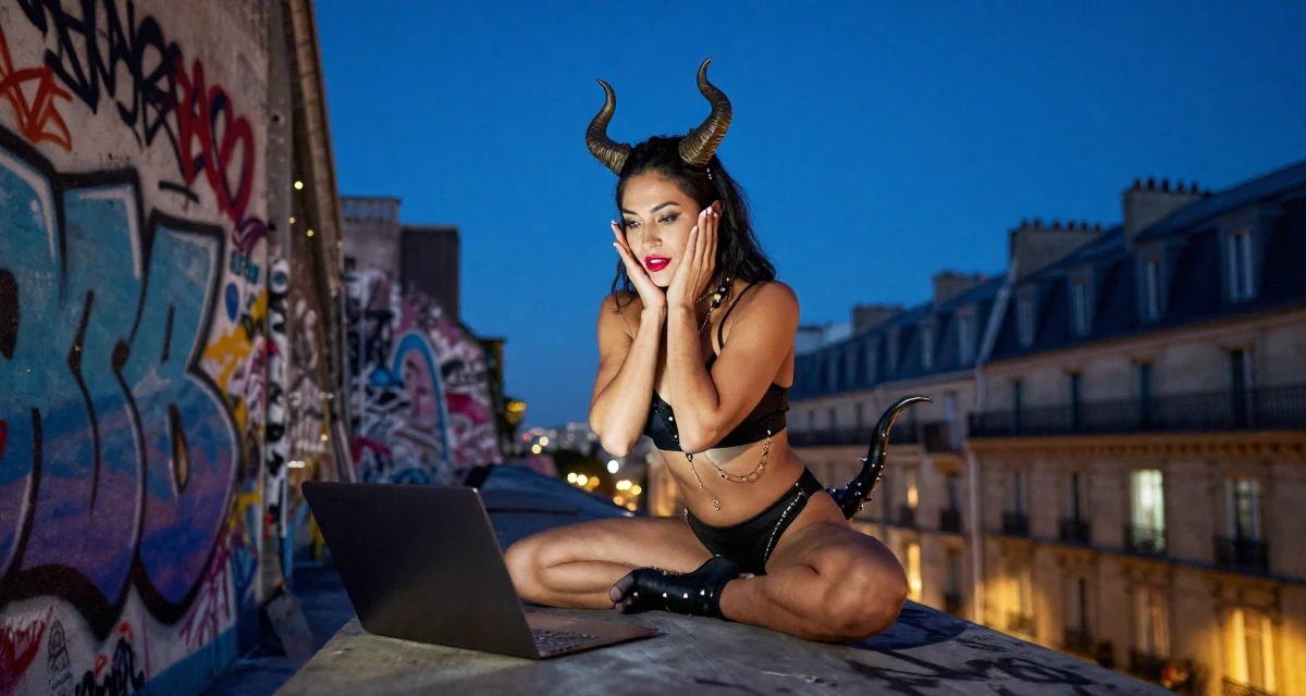 A captivating Female From USA, trained as a yoga instructor in their 32, focusing on health and longevity habits, wearing a demon girl outfit with horns and a spiked tail, typing on a laptop in a graffiti art wall.