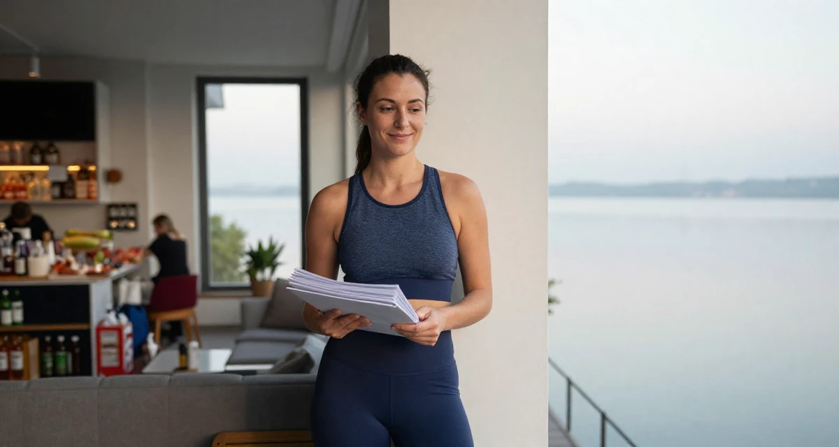 A smirking Female Former pharmacist in training, now teaching wellness routines online in their 29, managing emotional burnout disguised as “taking a break”, wearing a gym shark style seamless leggings and matching crop top, carrying a stack of documents in a modern apartment living room.