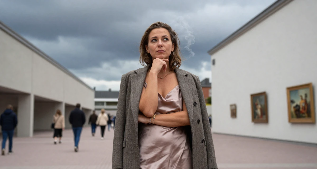 A contemplative Female From Sweden, majored in industrial engineering in their 33, embracing a solo travel lifestyle, wearing a satin slip skirt paired with a structured blazer, kicking up dust playfully in a art gallery hall.