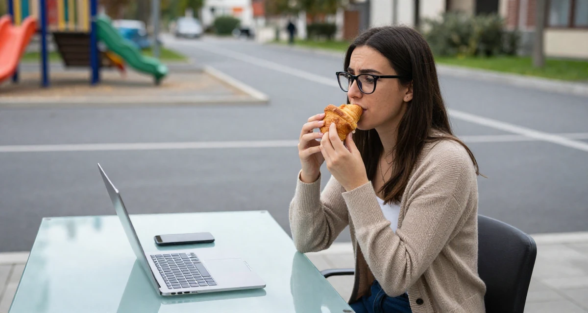 A calm and confident Female From Greece, studied philology in their 22, worrying about real-life friends discovering the account, wearing a librarian outfit with glasses and a tight cardigan, eating a croissant in a school playground.
