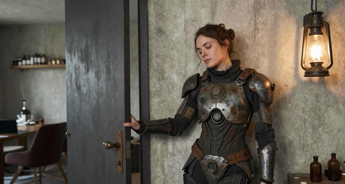 A refreshed Female From France, trained in perfumery and chemistry in their 22, realizing their parents were right about sleep, wearing a biopunk organic armor suit, pushing a door open in a modern apartment.