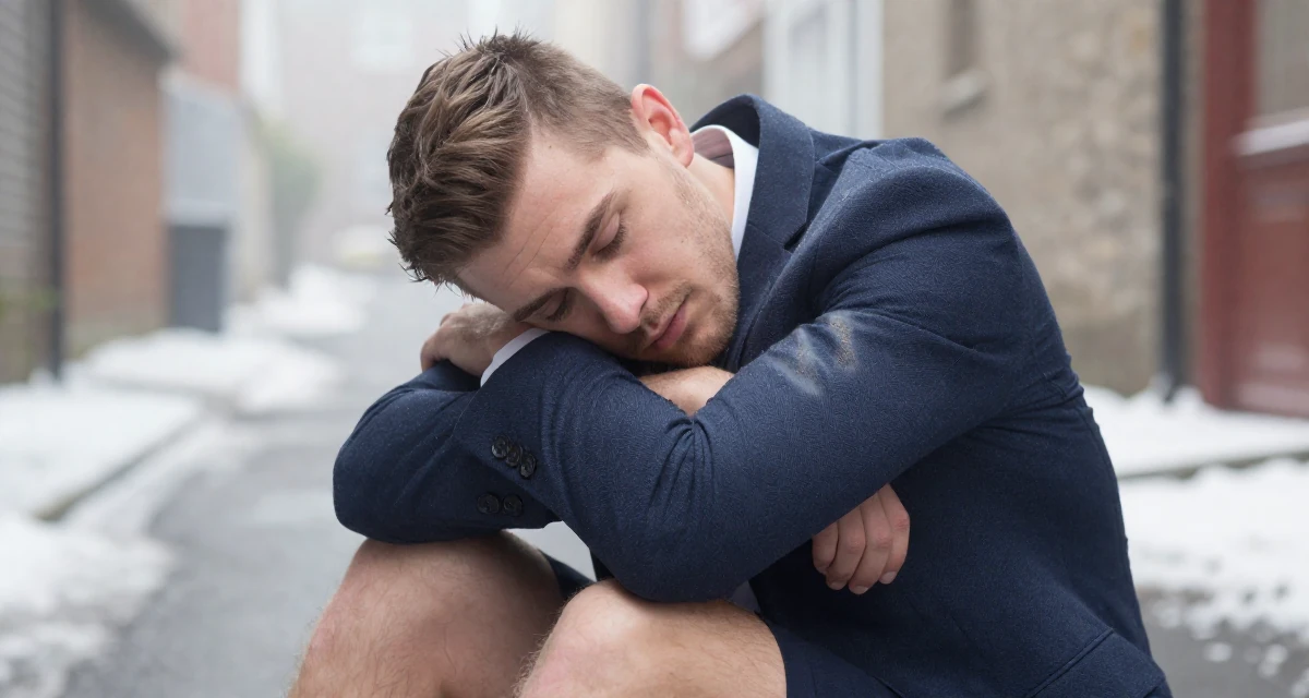 A pensive male Grew up in Ireland, majored in digital marketing in their 25, feeling established in their chosen field, wearing a tailored shorts suit with a matching jacket, dusting off the shoulder in a quiet alleyway.