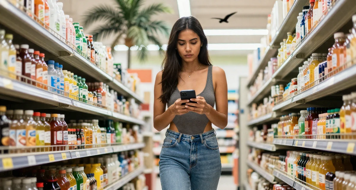 A resolute Female From Thailand, majored in tourism in their 26, working through back-to-back burnout cycles, wearing a open-back bodysuit with vintage denim jeans, checking a phone in a supermarket aisle.
