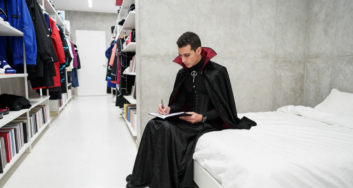 A lonely male From Uruguay, studied anthropology in their 47, preparing for the empty nest phase, wearing a vampire queen gown with a high collar and corset, writing in a journal in a bookstore aisle.