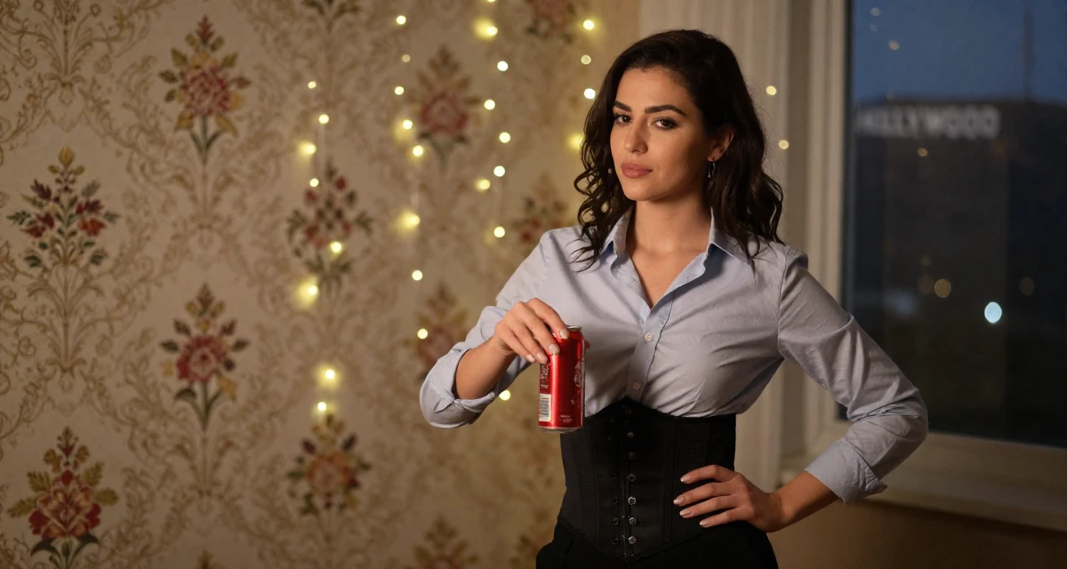 A coy Female From Turkey, majored in mechatronics in their 24, balancing sensuality with authenticity, wearing a button-up shirt with a corset belt and black pants, opening a soda can in a home interior.