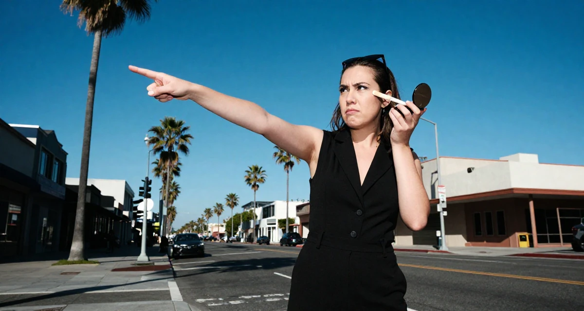 A judgemental Female Previously a pastry student, now blending dessert aesthetics with lifestyle content in their 22, navigating competitive academic environments, wearing a black jumpsuit with a blazer style top, checking makeup in a compact mirror in a urban street.