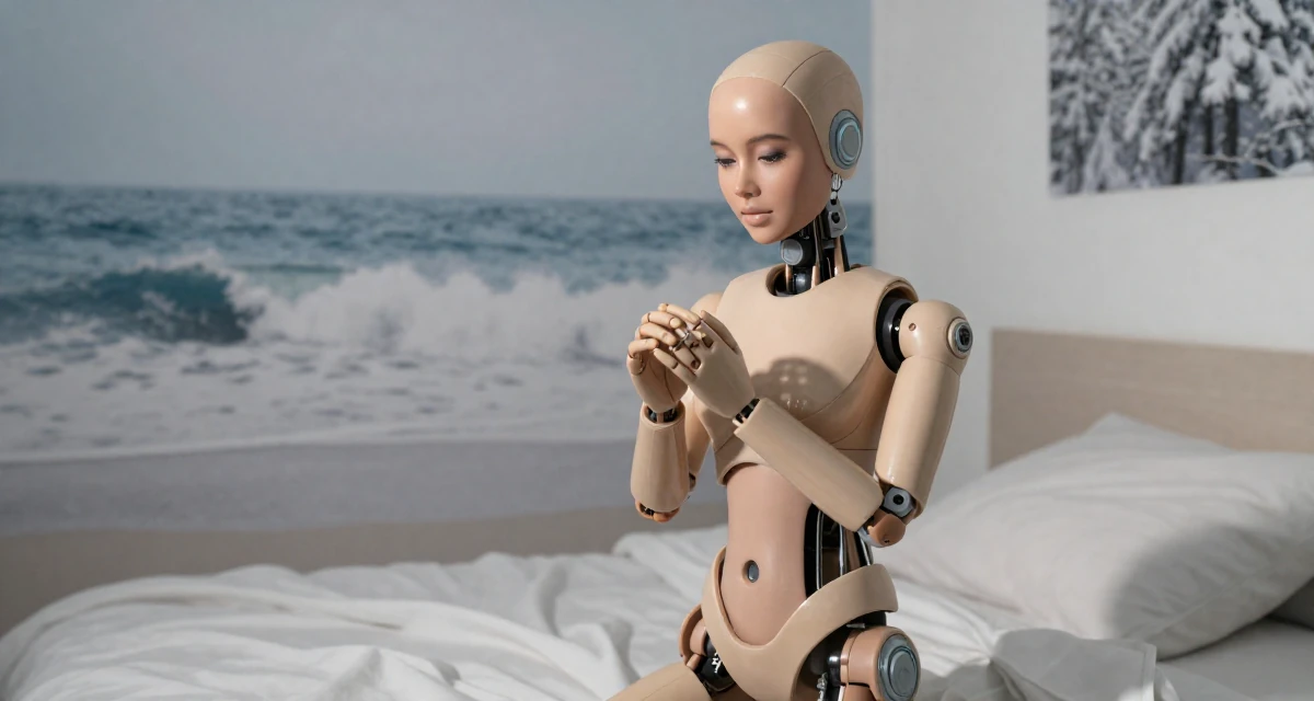 A glowing Female Born in Indonesia, studied brand communication in their 34, refining personal style to be timeless, wearing a cybernetic doll outfit with porcelain-like skin textures, playing with a ring in a minimalist bedroom.