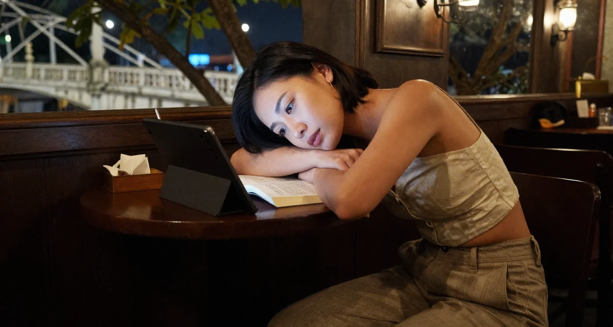A observant Female From Vietnam, majored in social work in their 36, documenting the process of writing a book, wearing a cropped bustier top and high-waisted slacks, holding a tablet device in a dimly lit jazz bar.