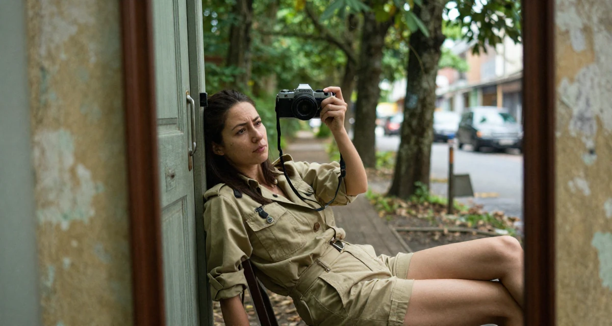 A bored Female Former small-town teacher, now exploring expressive photography in their 24, hitting creative block but needing income anyway, wearing a safari explorer outfit with khaki shorts, pushing a door open in a forest path.