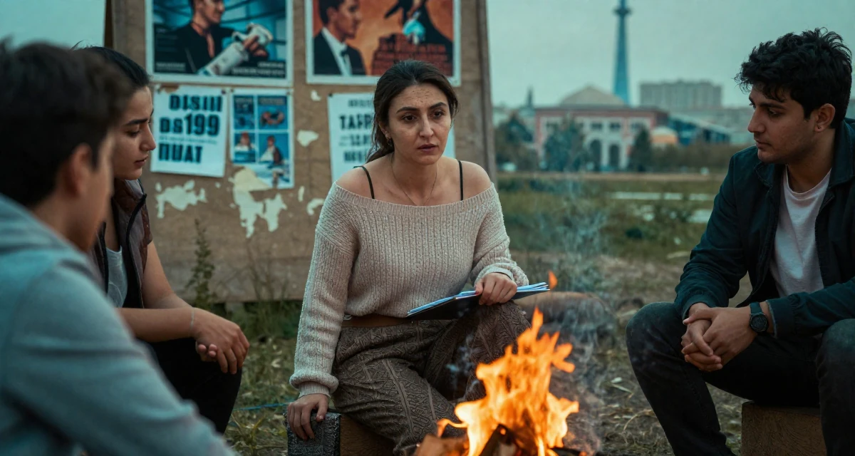 A resilient Female From Tajikistan, studied civil engineering in their 45, mentoring younger colleagues, wearing a off-the-shoulder knit top and dress pants, holding a notebook in a campfire circle.