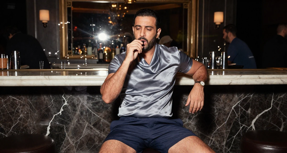 A distracted male From Arabic-speaking world, majored in health administration in their 40, prioritizing longevity and functional fitness, wearing a satin cowl neck top and tailored shorts, humming a tune visually in a dimly lit jazz bar.