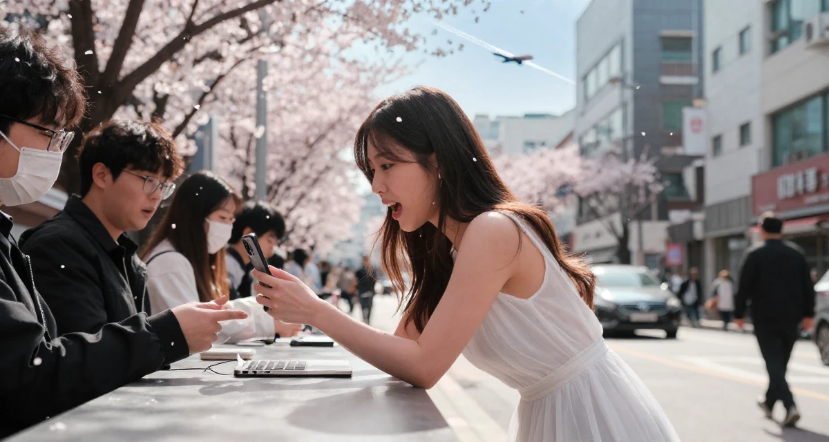 A energetic Female From Seoul South Korea, studied K-style beauty and content editing in their 22, responding to fans while keeping emotional distance, wearing a semi-sheer white sundress backlit by the sun, inspecting an object in a bustling city street.