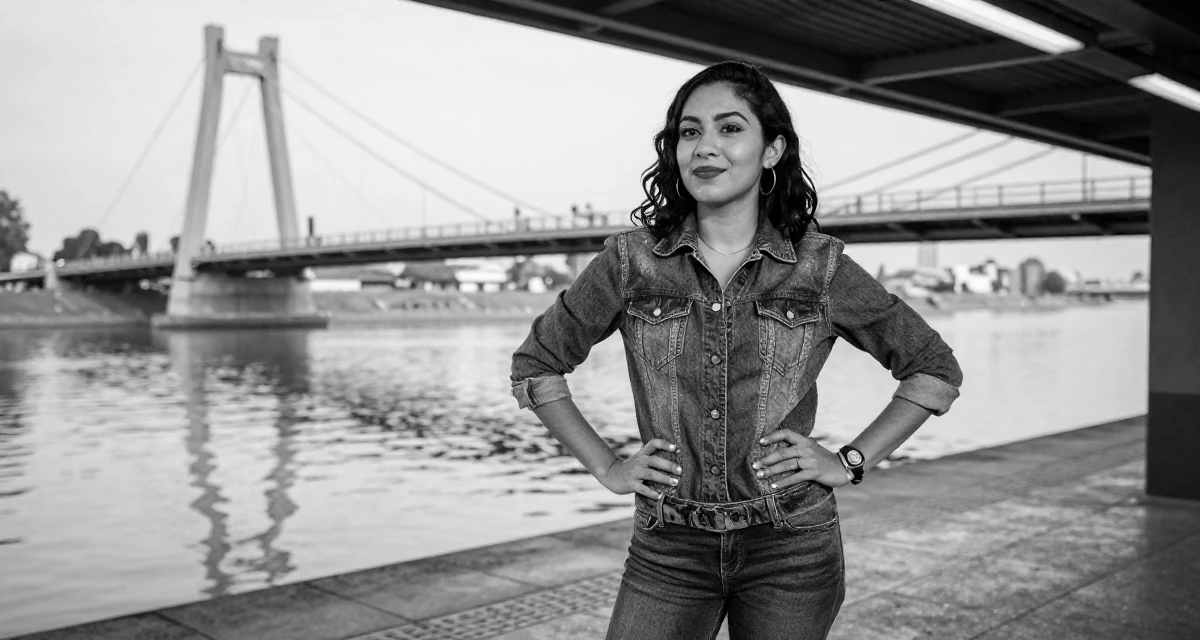 A charismatic Female From Mexico, based in Guadalajara, graduated from a cultural academy majoring in expressive body movement in their 22, transitioning from internships to real jobs, wearing a fashionable denim on denim, holding a pen in a subway station.