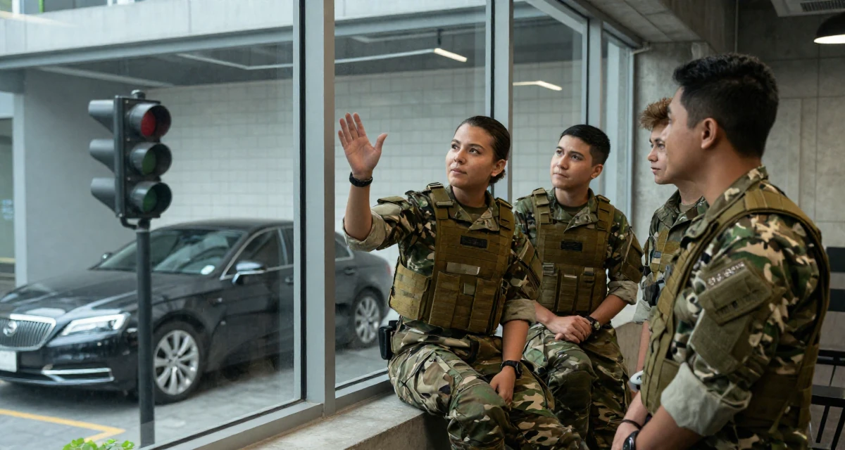 A lighthearted Female From Manila Philippines, studied mass communication in their 45, mentoring younger colleagues, wearing a commando outfit with camouflage paint and tactical harness, waiting for a light to change in a glass-walled conference room.