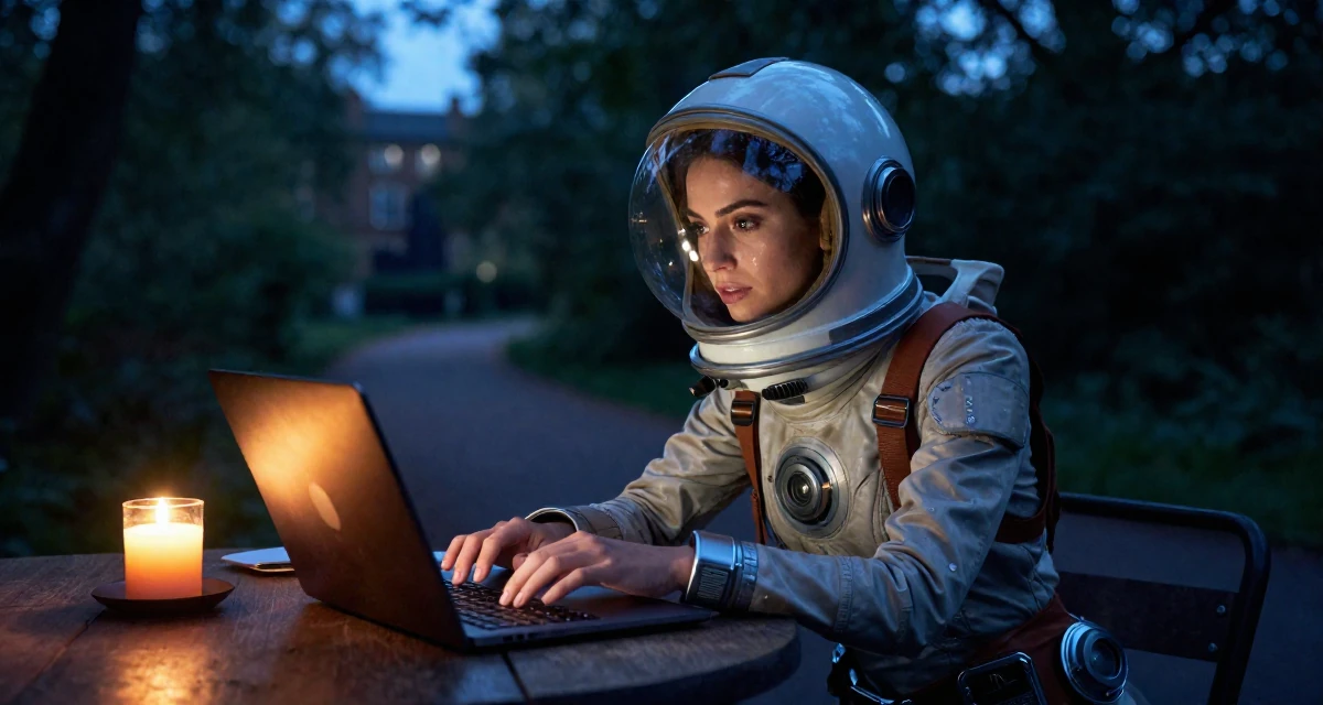 A bewitching Female From UK, studied criminology in their 21, struggling to wake up for early morning lectures, wearing a retro sci-fi space girl outfit with a bubble helmet, typing on a laptop in a forest path.