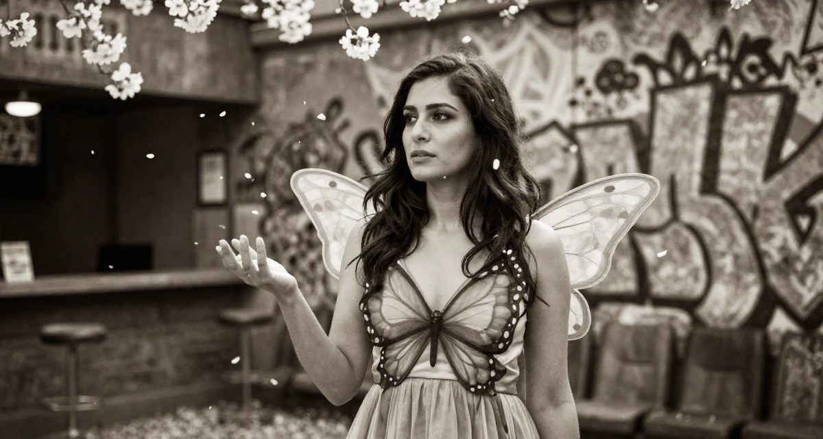 A gently serious Female Born in Nepal, studied urban planning in their 39, preparing for a new chapter in a new city, wearing a butterfly-themed fairy dress with large wings, gesturing while talking in a cinema lobby.