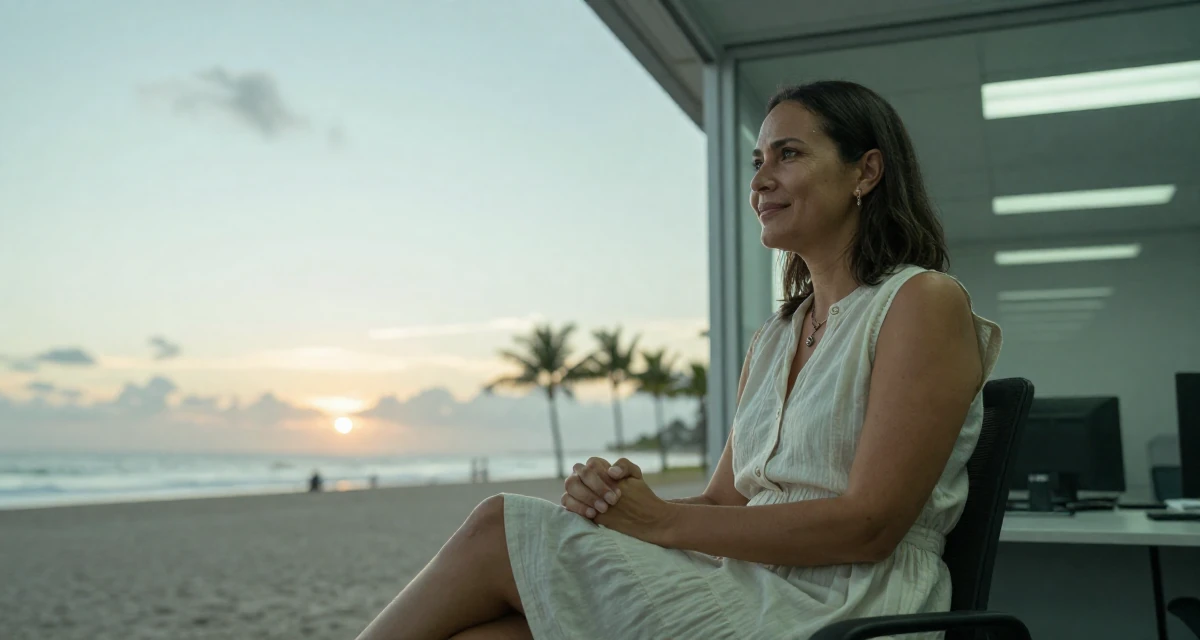 A smiling gently Female From Panama, majored in media production in their 50, launching a second act career with passion, wearing a airy cotton dress for summer, clasping hands together in a sunset beach.