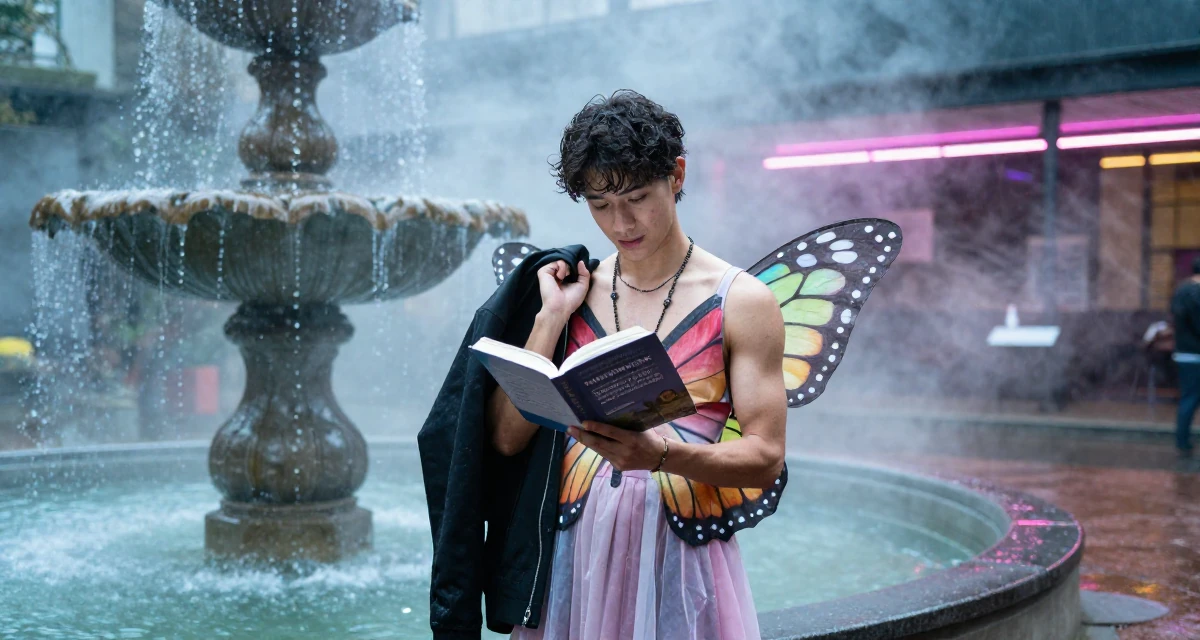 A lighthearted male From Australia, majored in finance at a private university in their 23, learning the pain of “low views after high effort”, wearing a butterfly-themed fairy dress with large wings, reading a book intently in a lecture hall.
