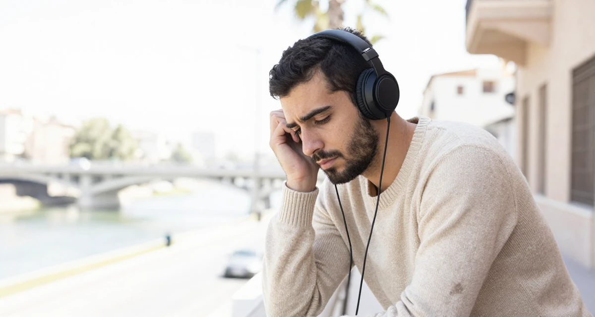 A melancholic male From Morocco, majored in web development in their 33, protecting personal time fiercely, wearing a soft cashmere sweater worn with nothing visible underneath, listening to music with headphones in a urban street.