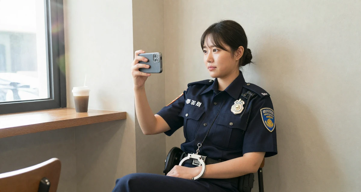 A proud Female Based in South Korea, studied fashion merchandising in their 25, managing inconsistent confidence when creating content, wearing a police officer uniform with a badge and handcuffs, taking a photo in a coffee shop corner.