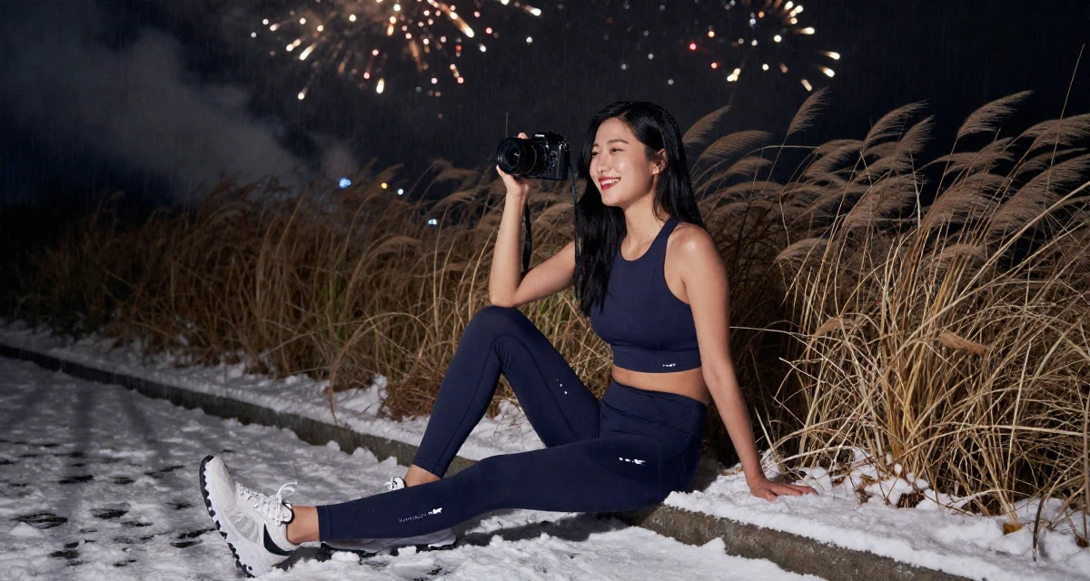 A relaxed and happy Female From South Korea, studied interface design in their 27, experimenting with new content formats, wearing a gym shark style seamless leggings and matching crop top, holding a camera in a snowy sidewalk.