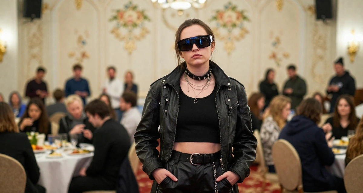 A exhausted Female From Kazakhstan, studied financial mathematics in their 24, taking creative work more seriously, wearing a cyberpunk hacker outfit with oversized tech glasses, lowering sunglasses to look out in a banquet hall.