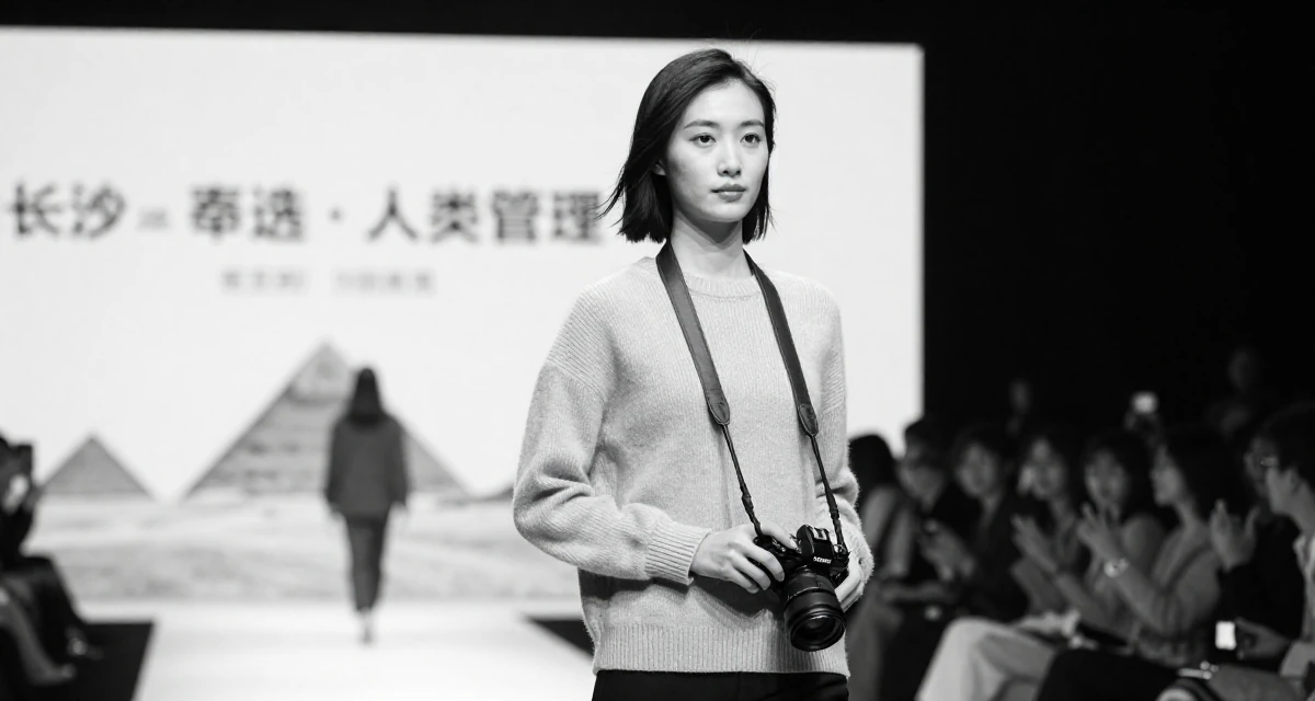 A poised Female From ChangSha China, holds a degree in human resource management in their 25, balancing sexiness with professionalism, wearing a soft cashmere sweater worn with nothing visible underneath, holding a camera in a fashion runway.