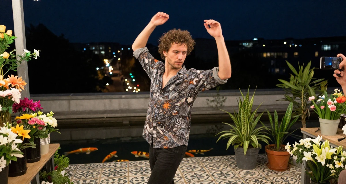 A focused male From Berlin Germany, explored body art and alternative fashion scenes in their 23, realizing that friendships require hard work, wearing a relaxed fit patterned shirt, posing for a selfie in a flower shop.