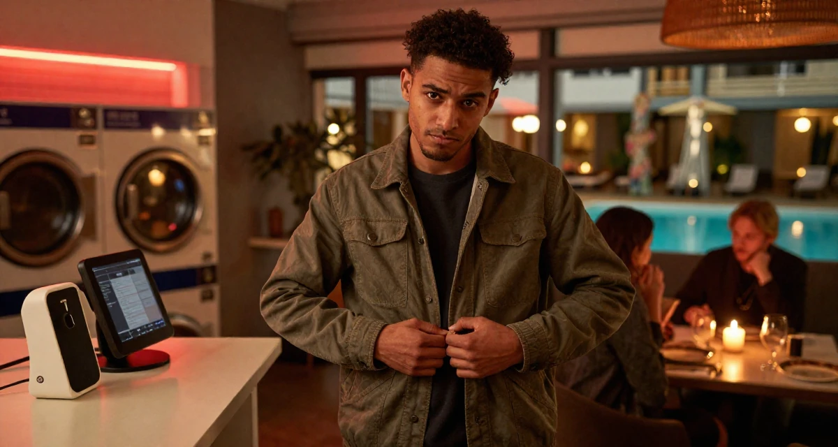 A sarcastic male From the Netherlands, based in Utrecht, graduated from a creative academy majoring in UX design in their 22, grinding nonstop while peers enjoy carefree weekends, wearing a relaxed streetwear, buttoning a jacket in a laundromat with neon signs.